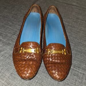Vintage Eitenne Aigner Cognac Brown woven Leather Flats Gold tone buckle SZ 7